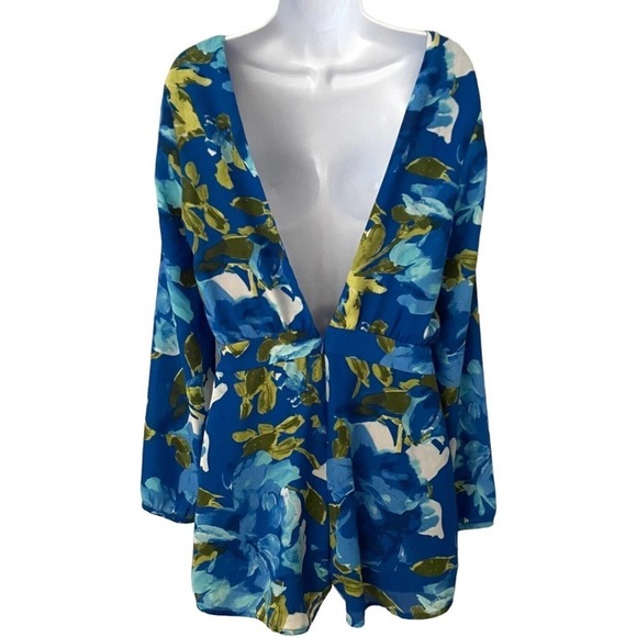 Lulus Sweetest Song Blue Floral Print Backless Long Sleeve Romper Size M - Picture 6 of 10